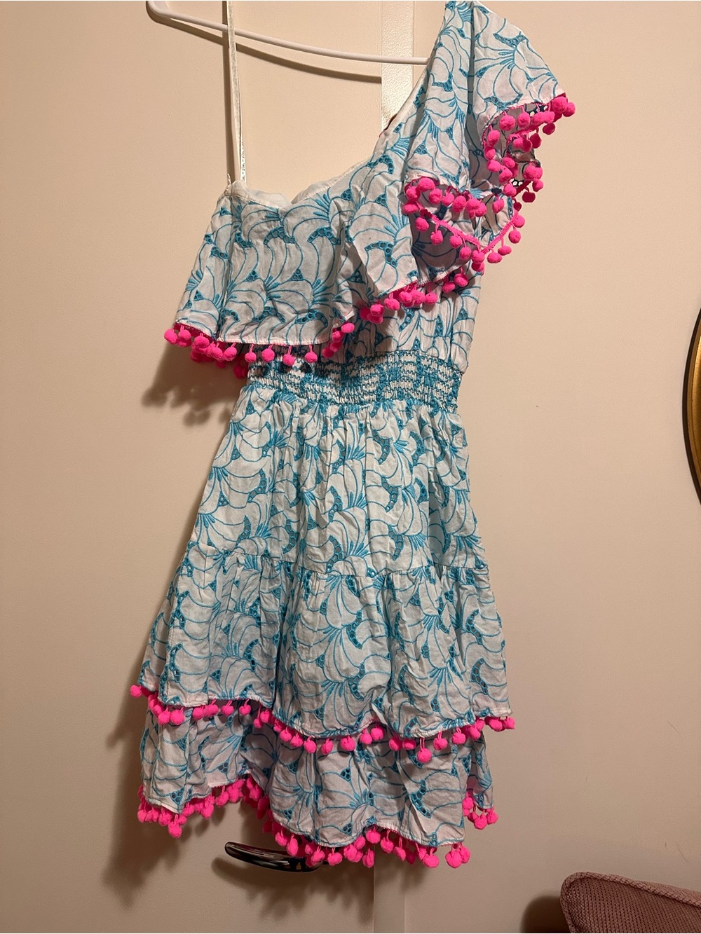 Lilly Pulitzer Teal Floral One-Shoulder Dress with Hot Pink Pom Trim